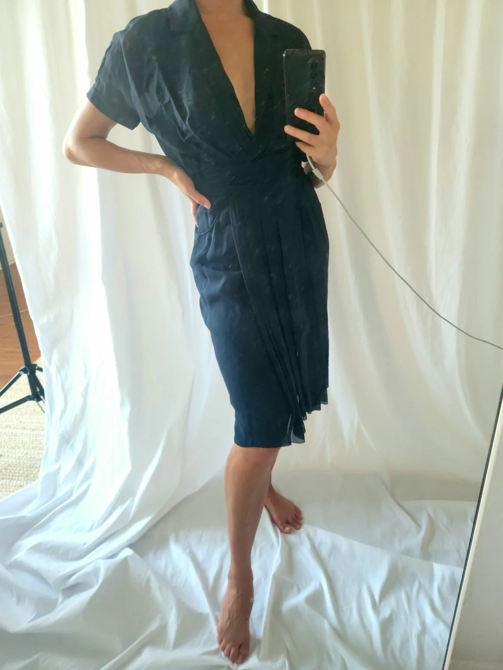 CHANEL Black Short-Sleeve Wrap Midi Dress